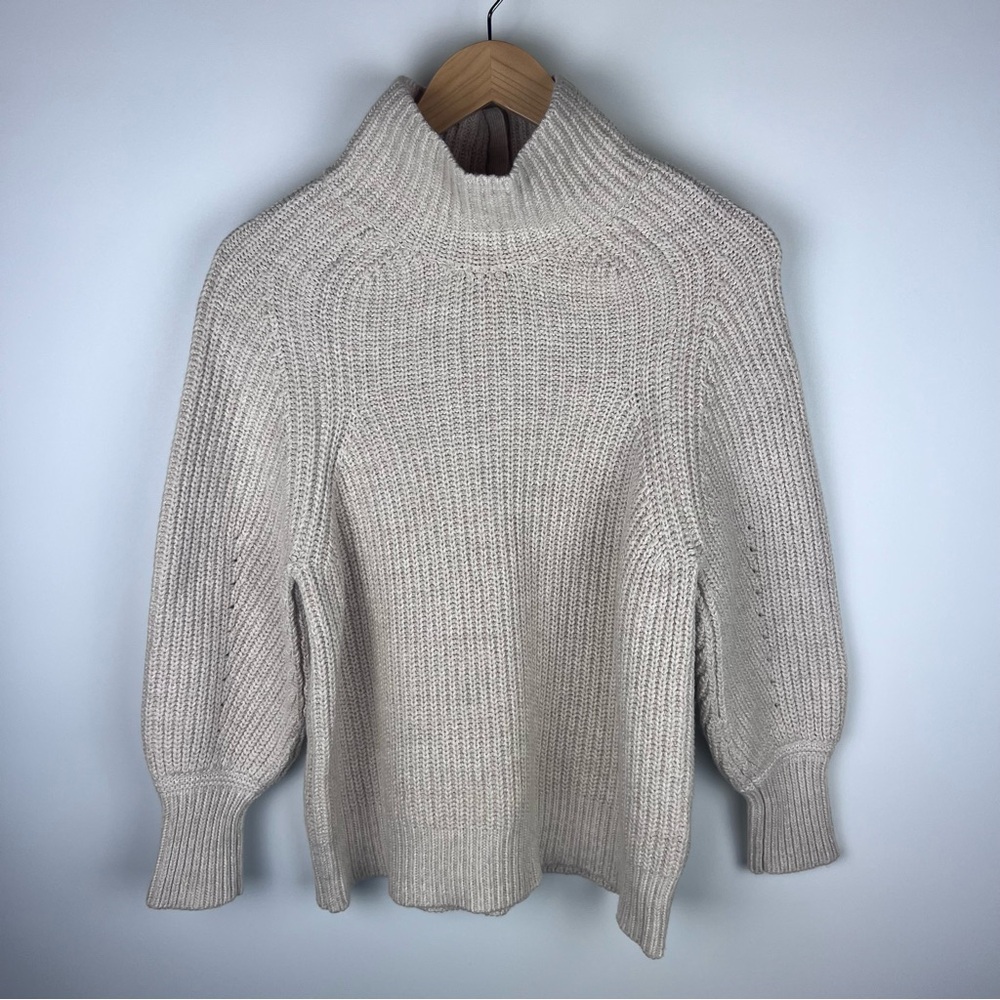WRAP London Ribbed Chunky Knit Mock Neck Balloon Sleeve Sweater Cream SZ L (12) - Picture 2 of 11